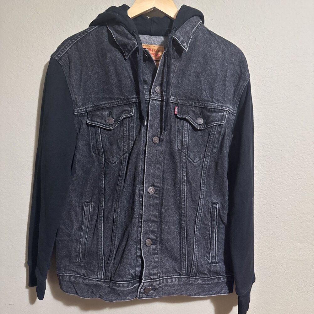 Levi's Denim Hoodie Jacket Mens Large Black Relaxed Fit Hybrid Trucker Coat